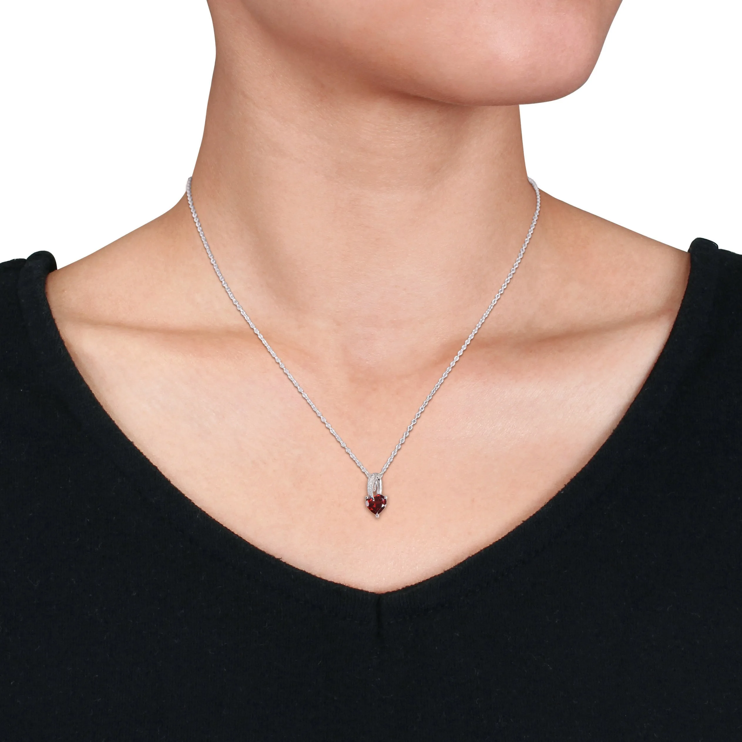 1 3/8 CT TGW Heart Shape Garnet and Diamond Accent Drop Pendant with Chain in Sterling Silver