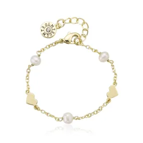 14K Gold Plated Pearl & Hearts Station Bracelet