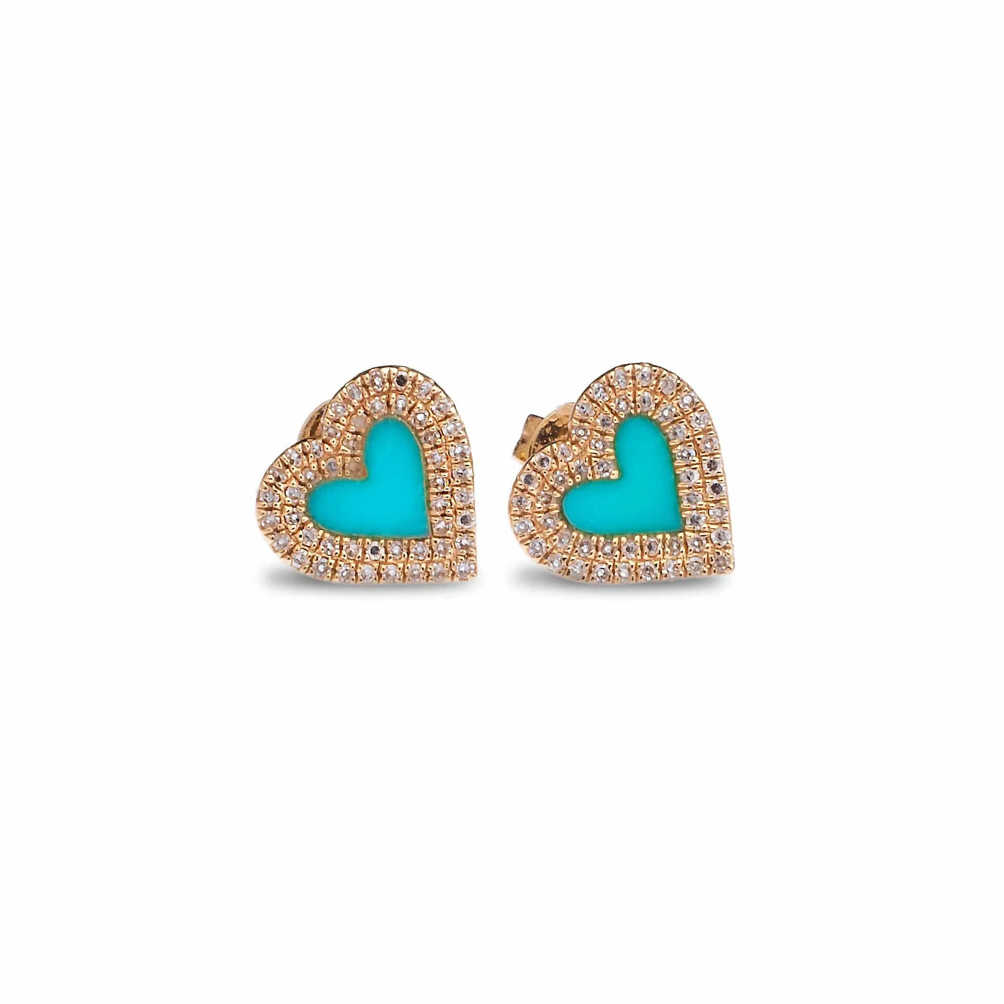 14K Gold Turquoise and Diamond Double Row Heart Stud Earrings