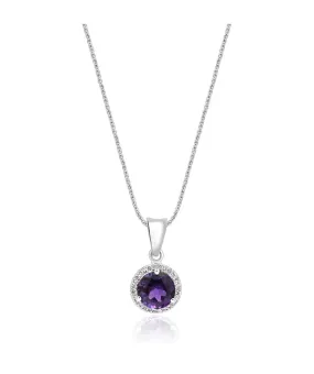 14K White Gold Amethyst and Diamond Halo Pendant