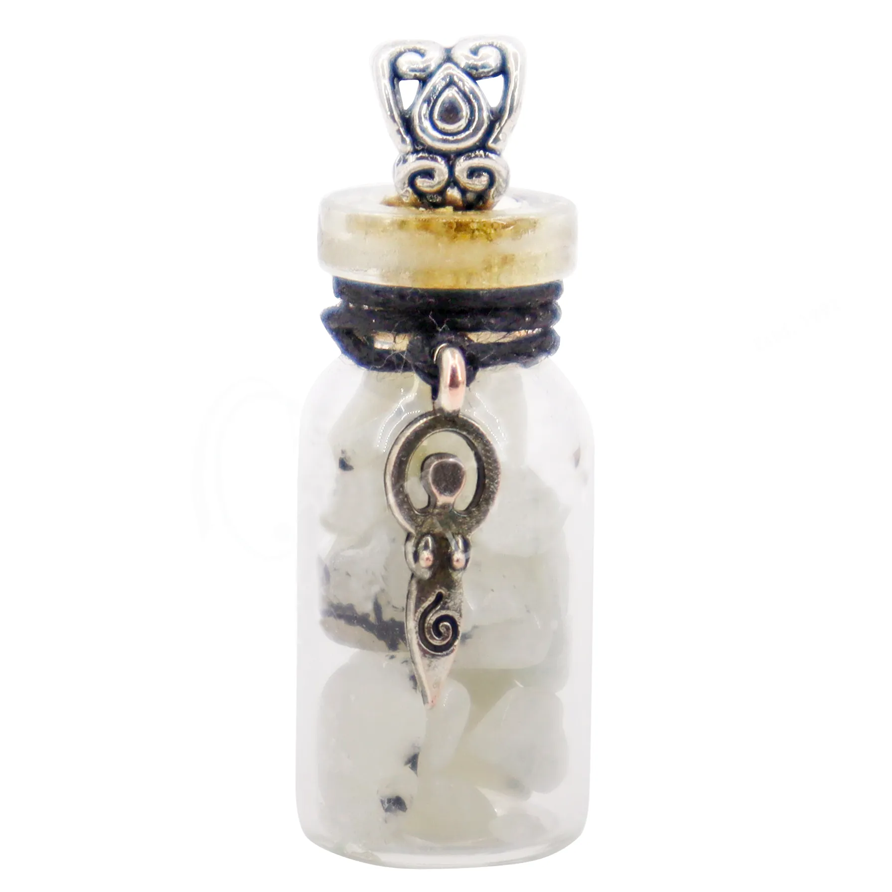 1.75" Gemstone Chip Bottle Necklace - Rainbow Moonstone with Goddess