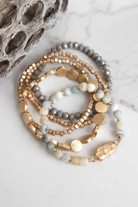 5 piece Boho Beaded Bracelets Stack Semi Precious Metal Glass Beads Golden nugget flat beads