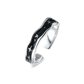 925 Silver Irregular Black Enamel Starburst Plain Ring