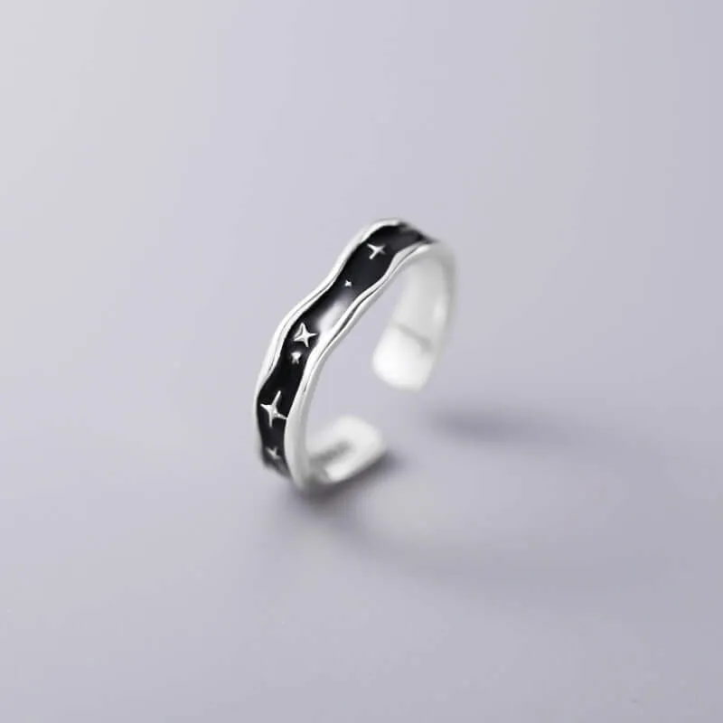 925 Silver Irregular Black Enamel Starburst Plain Ring