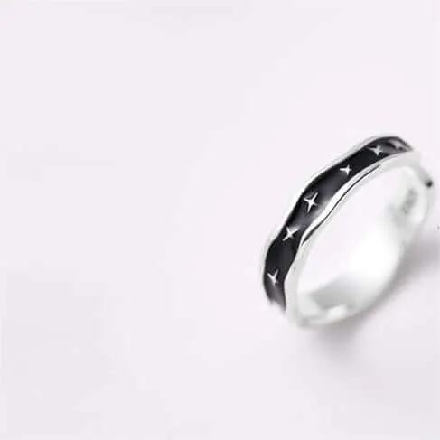 925 Silver Irregular Black Enamel Starburst Plain Ring