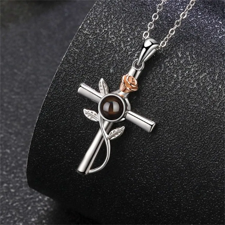 925 Silver Rose Cross Pendant Necklace with Picture Inside