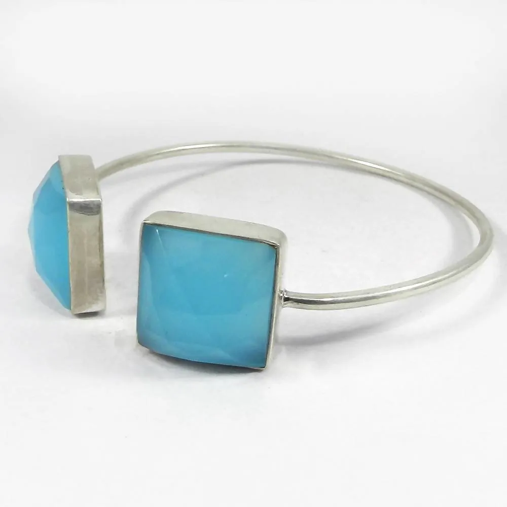 925 Sterling Silver Tulia Aqua Chalcedony Adjustable Bezel Bangle Jewelry