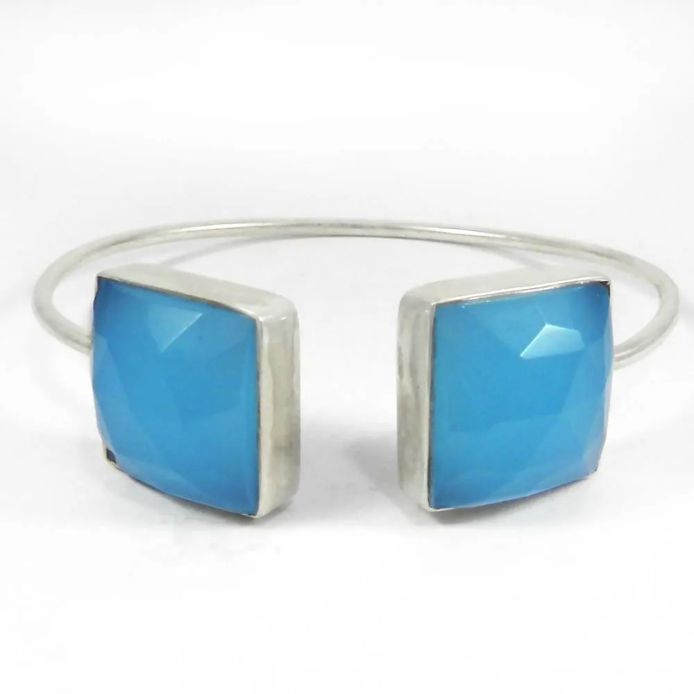 925 Sterling Silver Tulia Aqua Chalcedony Adjustable Bezel Bangle Jewelry