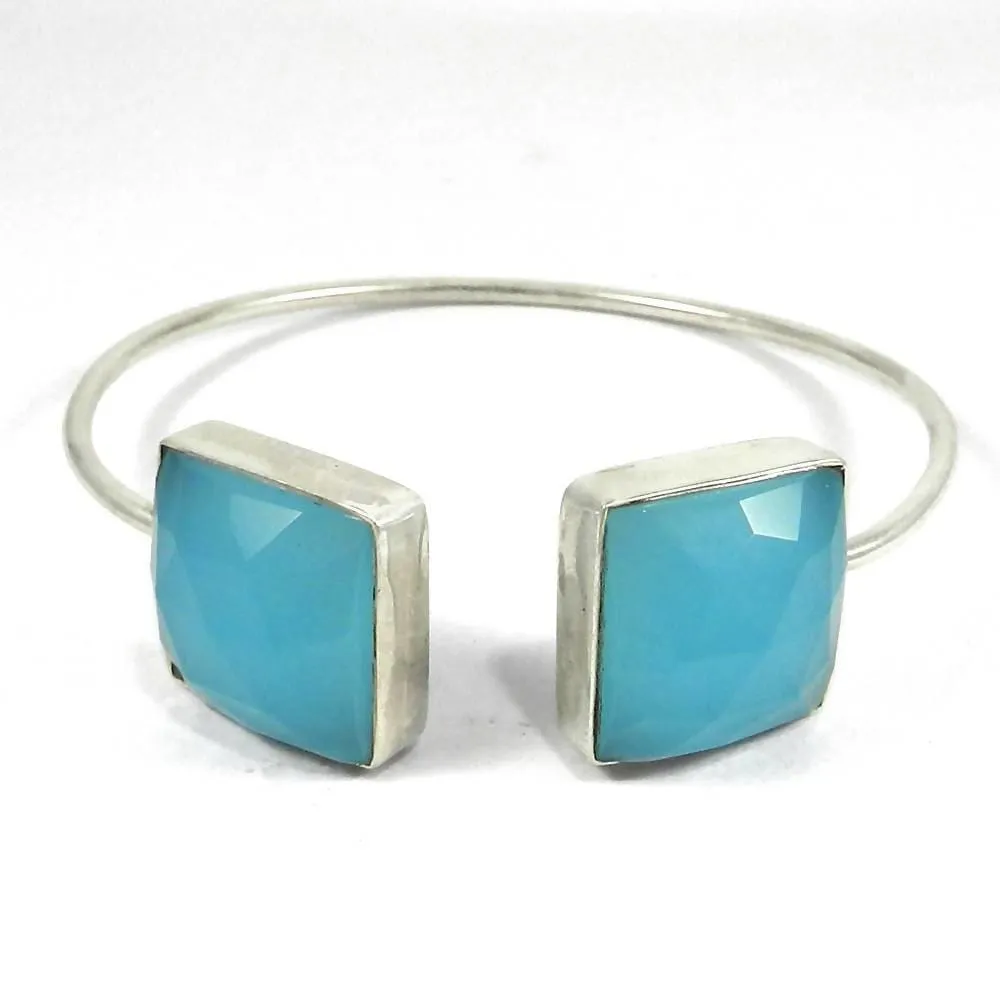 925 Sterling Silver Tulia Aqua Chalcedony Adjustable Bezel Bangle Jewelry