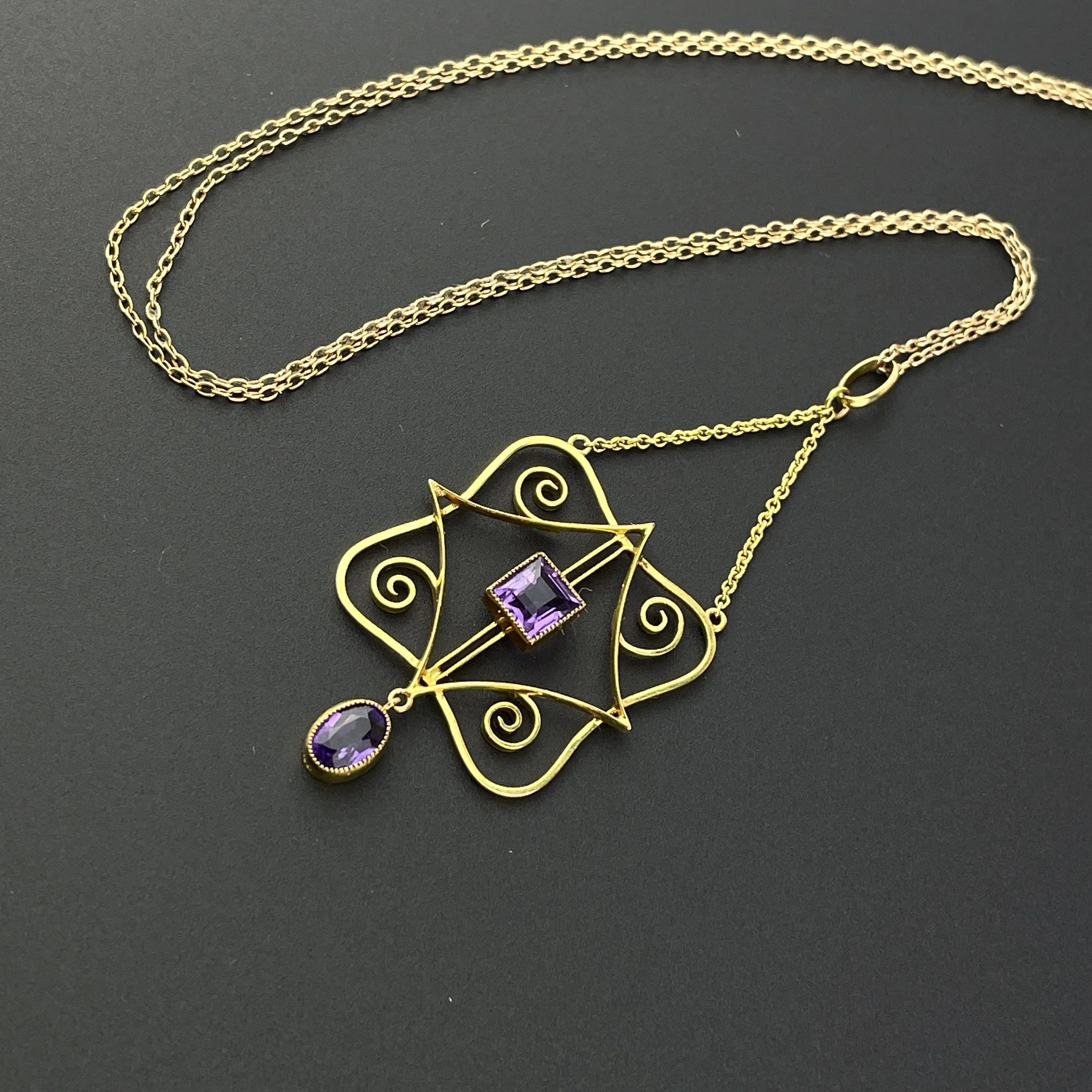 Antique Art Nouveau Gold Amethyst Lavaliere Pendant Necklace