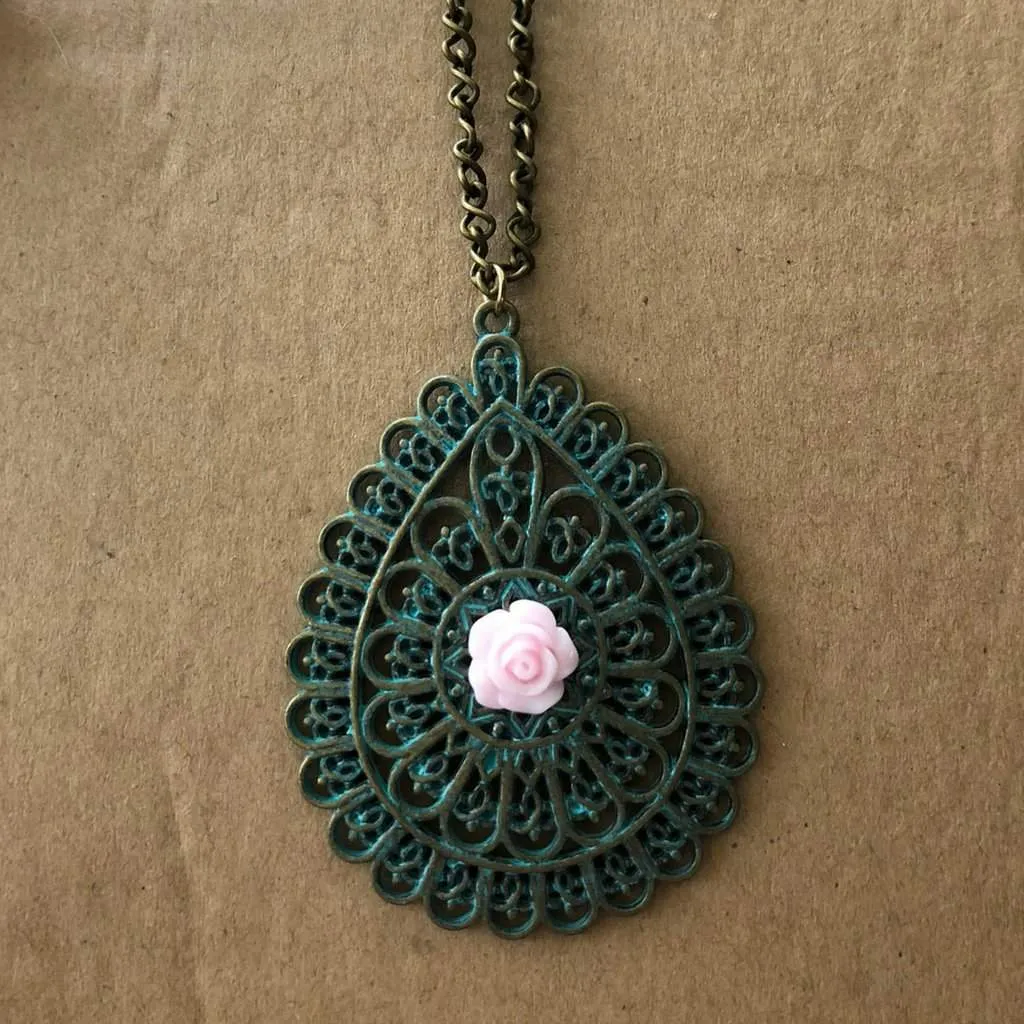 Antique Brass Patina Teardrop and Pink Rose Pendant Necklace