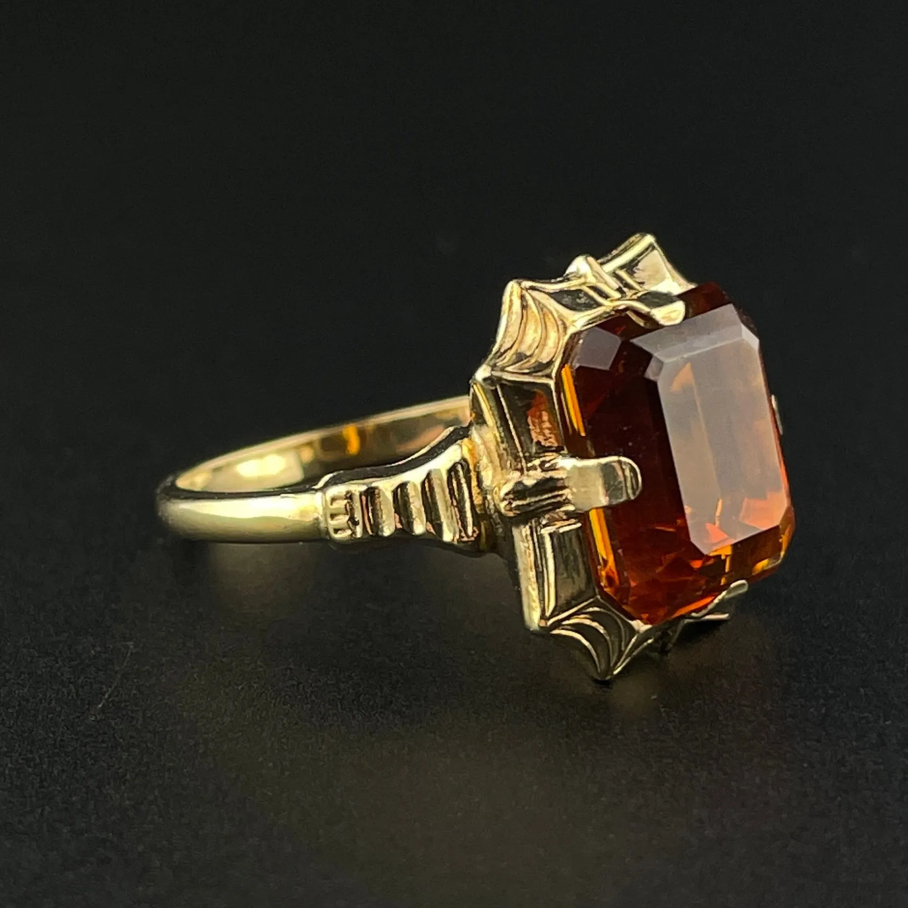 Art Deco 10K Gold Orange Topaz Statement Ring, Sz 5 3/4