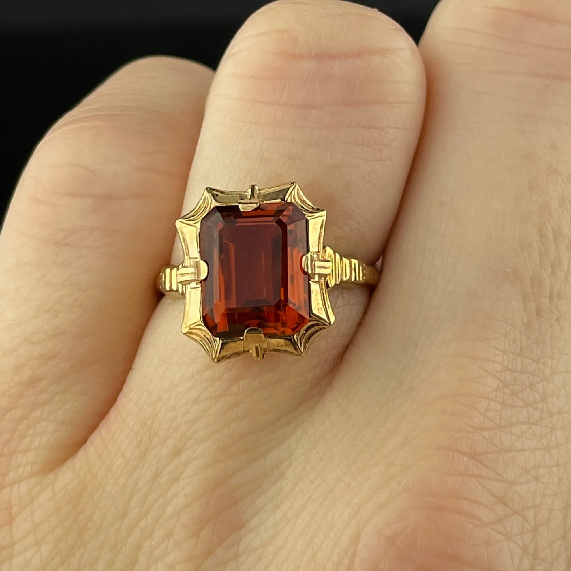 Art Deco 10K Gold Orange Topaz Statement Ring, Sz 5 3/4