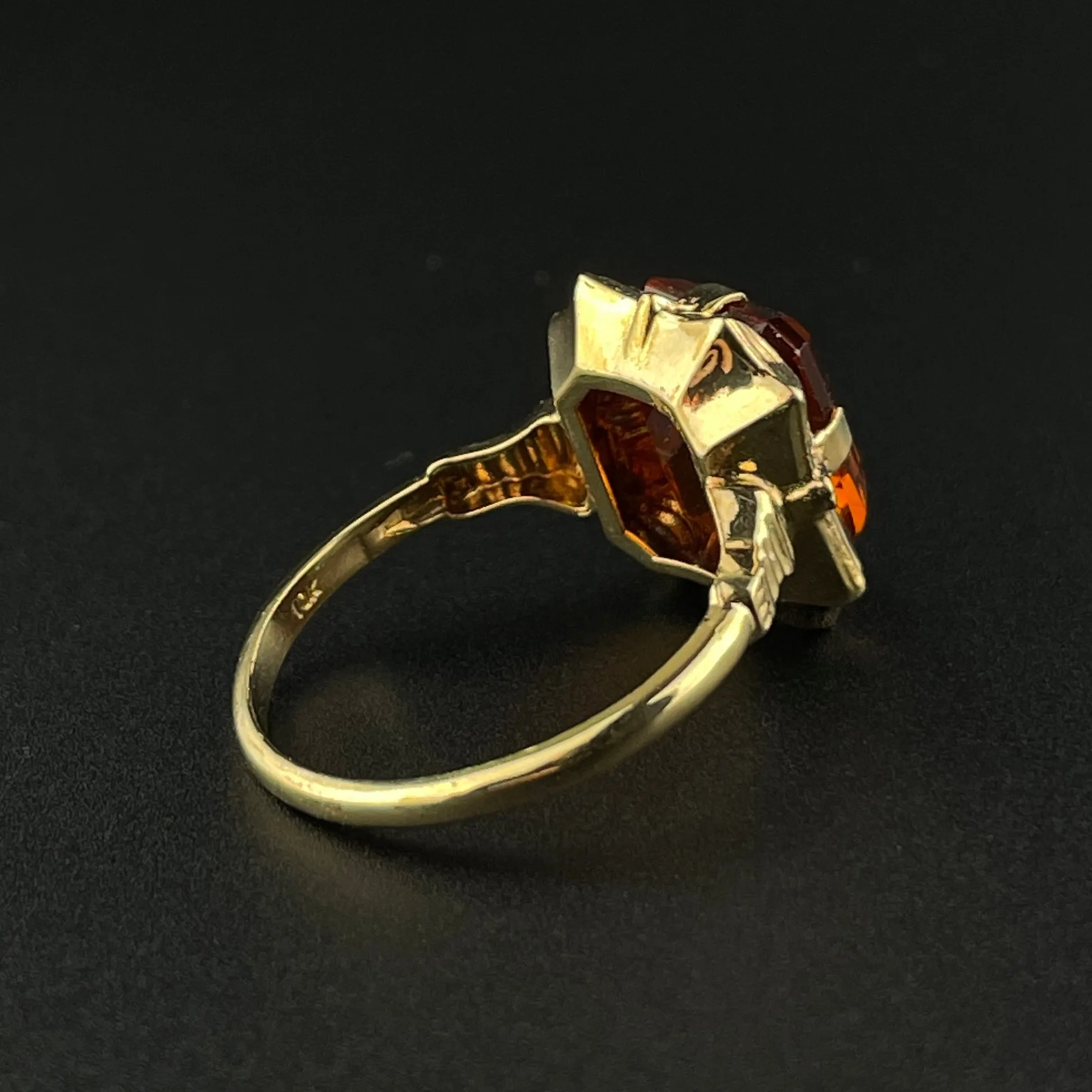 Art Deco 10K Gold Orange Topaz Statement Ring, Sz 5 3/4