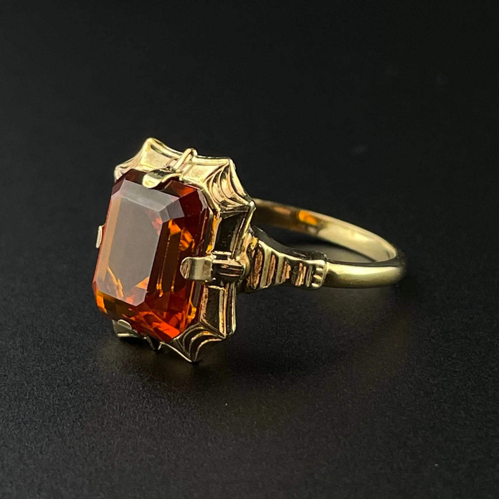 Art Deco 10K Gold Orange Topaz Statement Ring, Sz 5 3/4