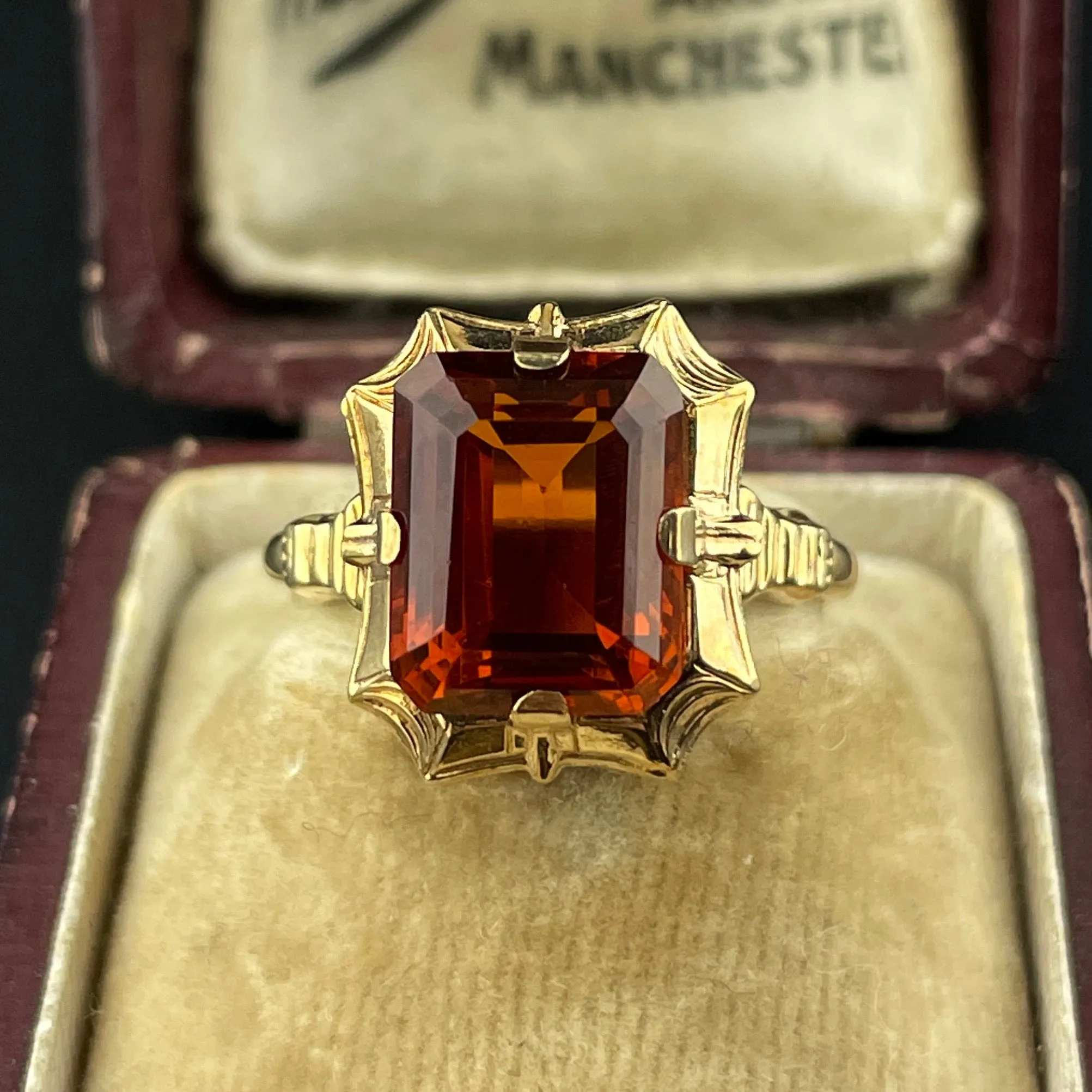 Art Deco 10K Gold Orange Topaz Statement Ring, Sz 5 3/4