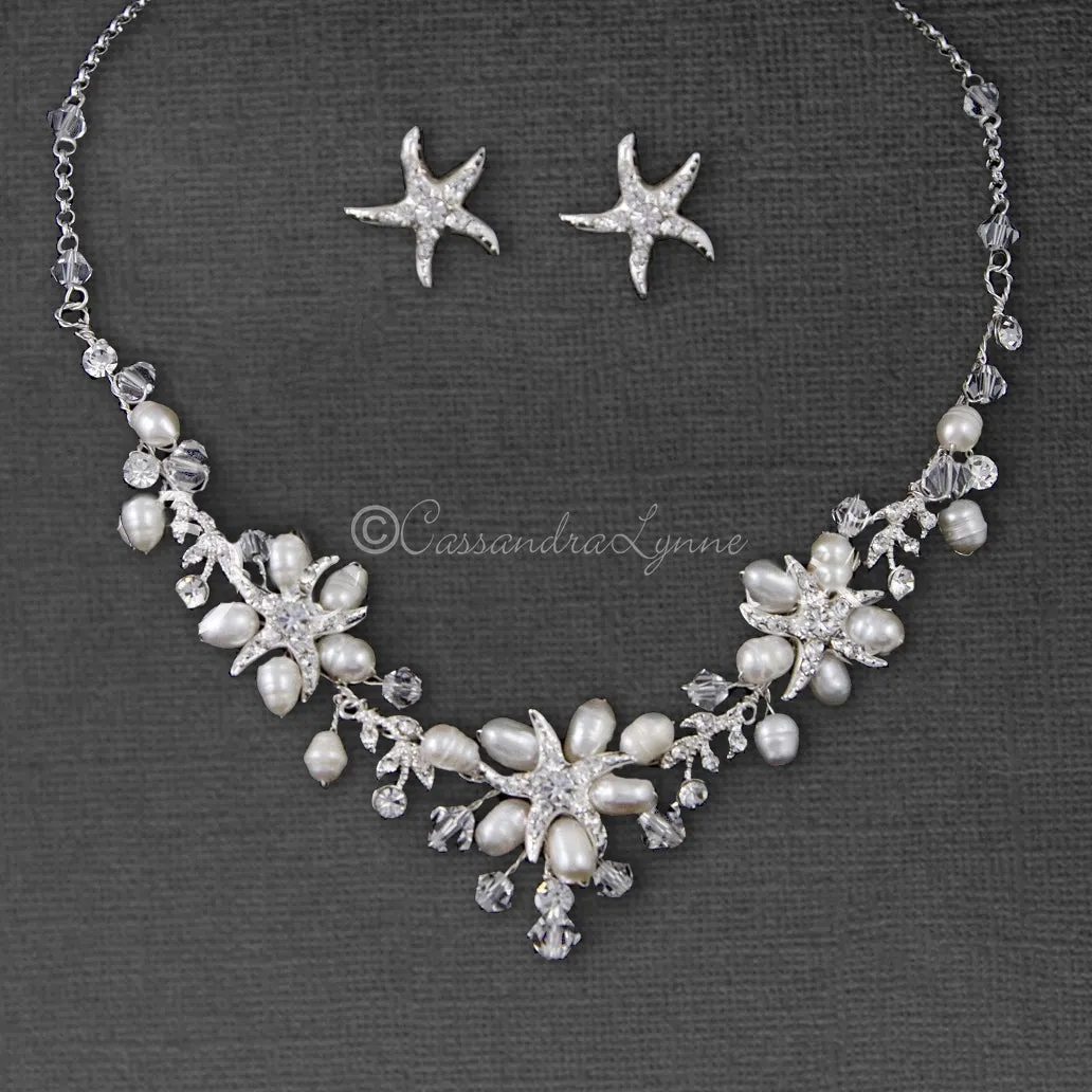 Beach Wedding Necklace Set of Starfish Crystals and Pearls