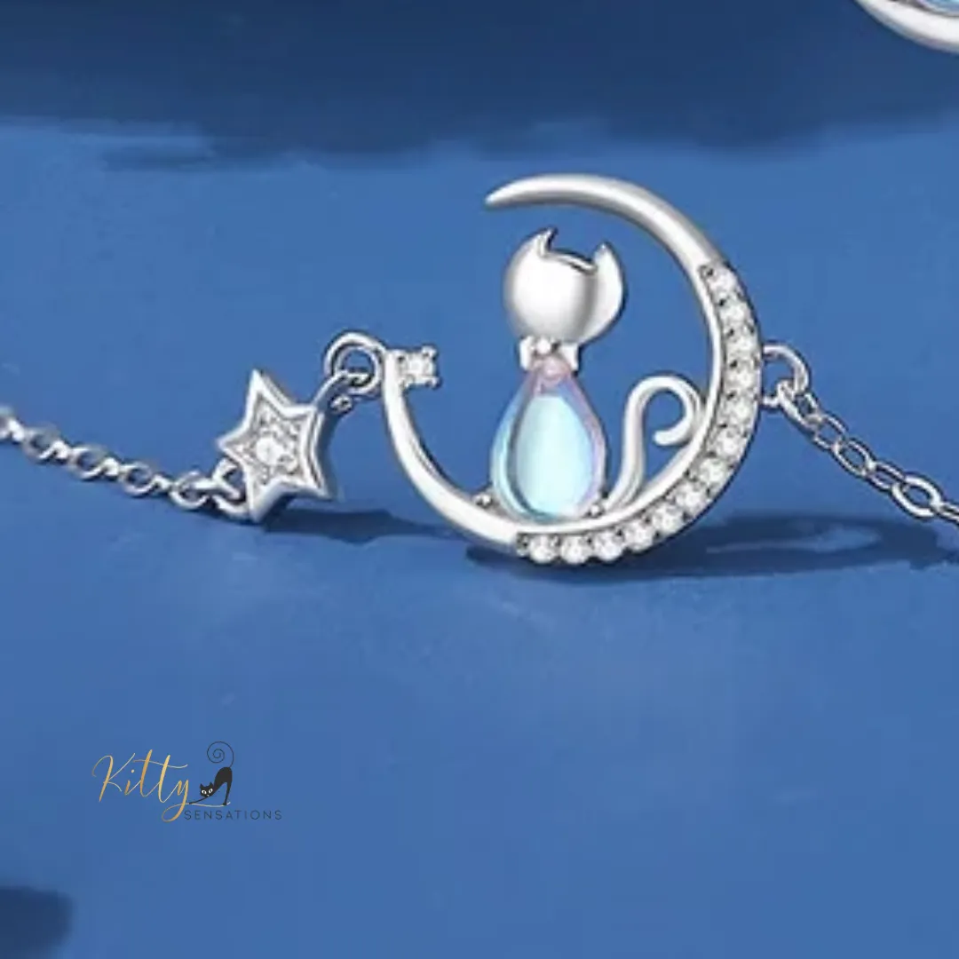 Blue Crystal Moon Kitty Bracelet in Solid 925 Sterling Silver (Adjustable Length)