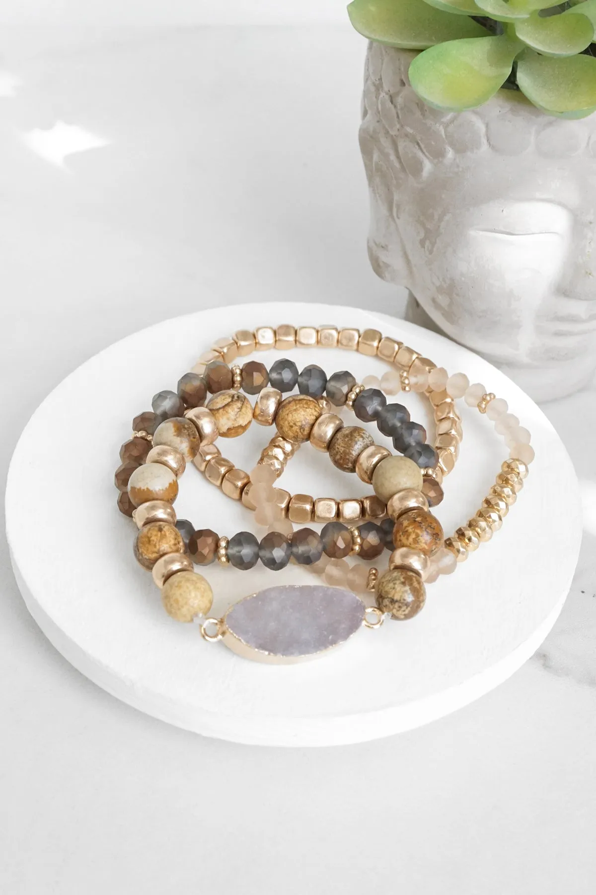 Boho Beads Bracelets set of 4 piece with Druzy Semi Precious stones in Brown Jasper and gold