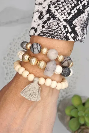 Boho Beads Tassel Bracelets set with Semi Precious stones beads Gray