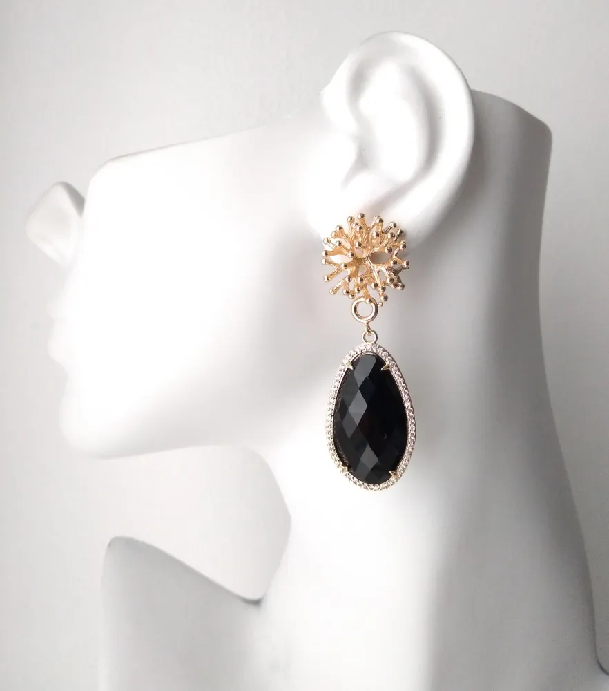 Branch Coral Studs with Haloed Black Agate Detachable Dangles