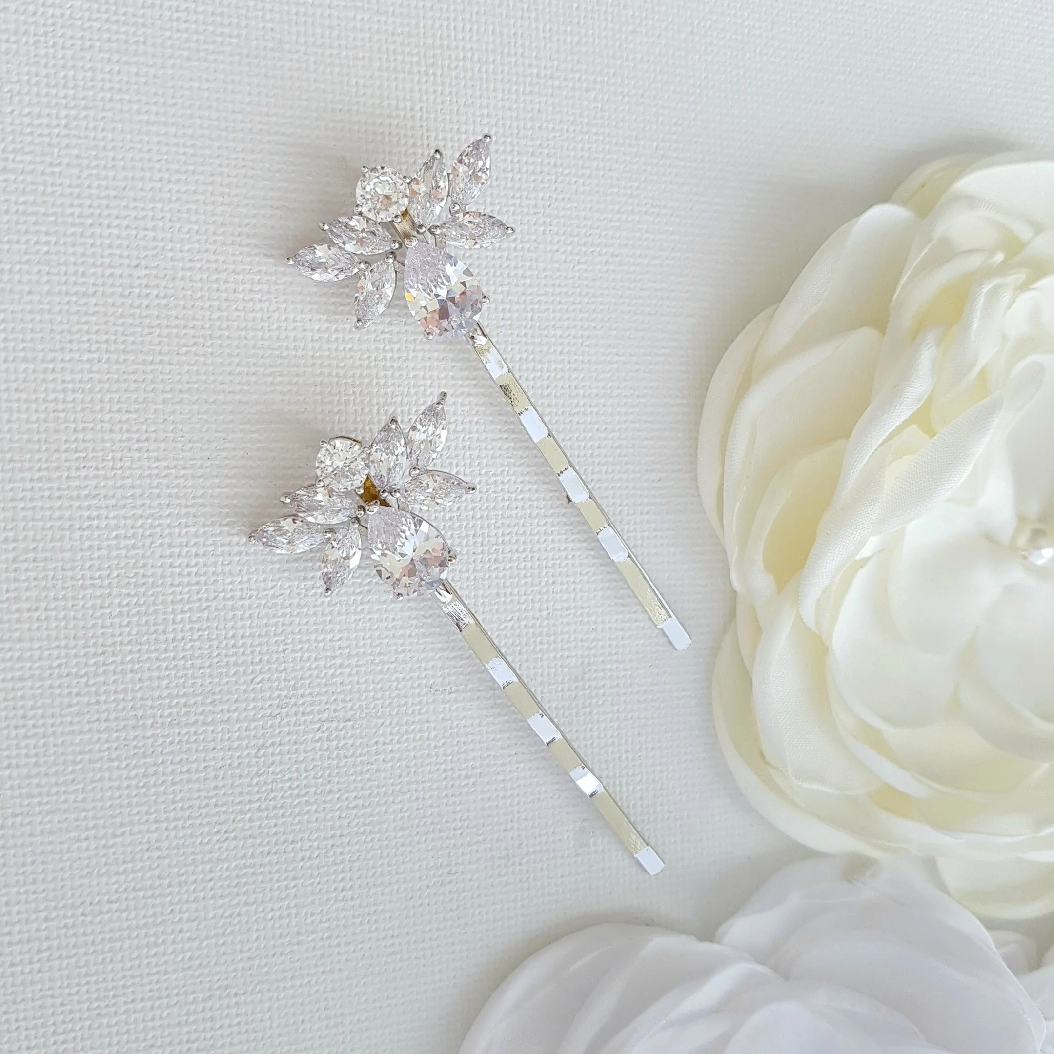 Bridal Hair Pins Crystal Pearl Silver-Nicole