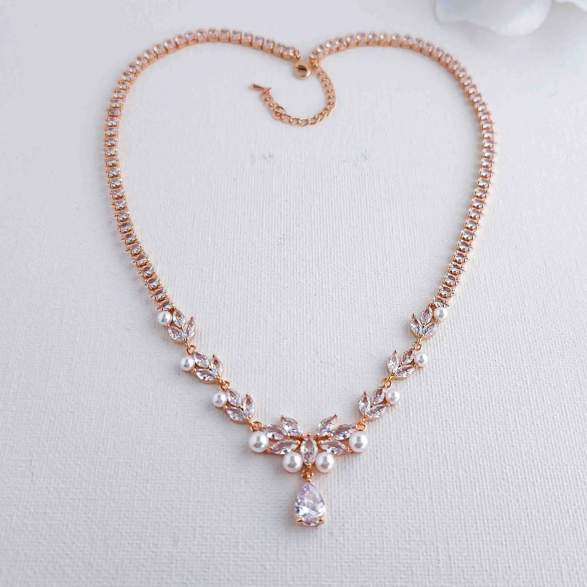 Bridal Pearl Set of Rose Gold with Pearl Necklace and Earrings-Jenna