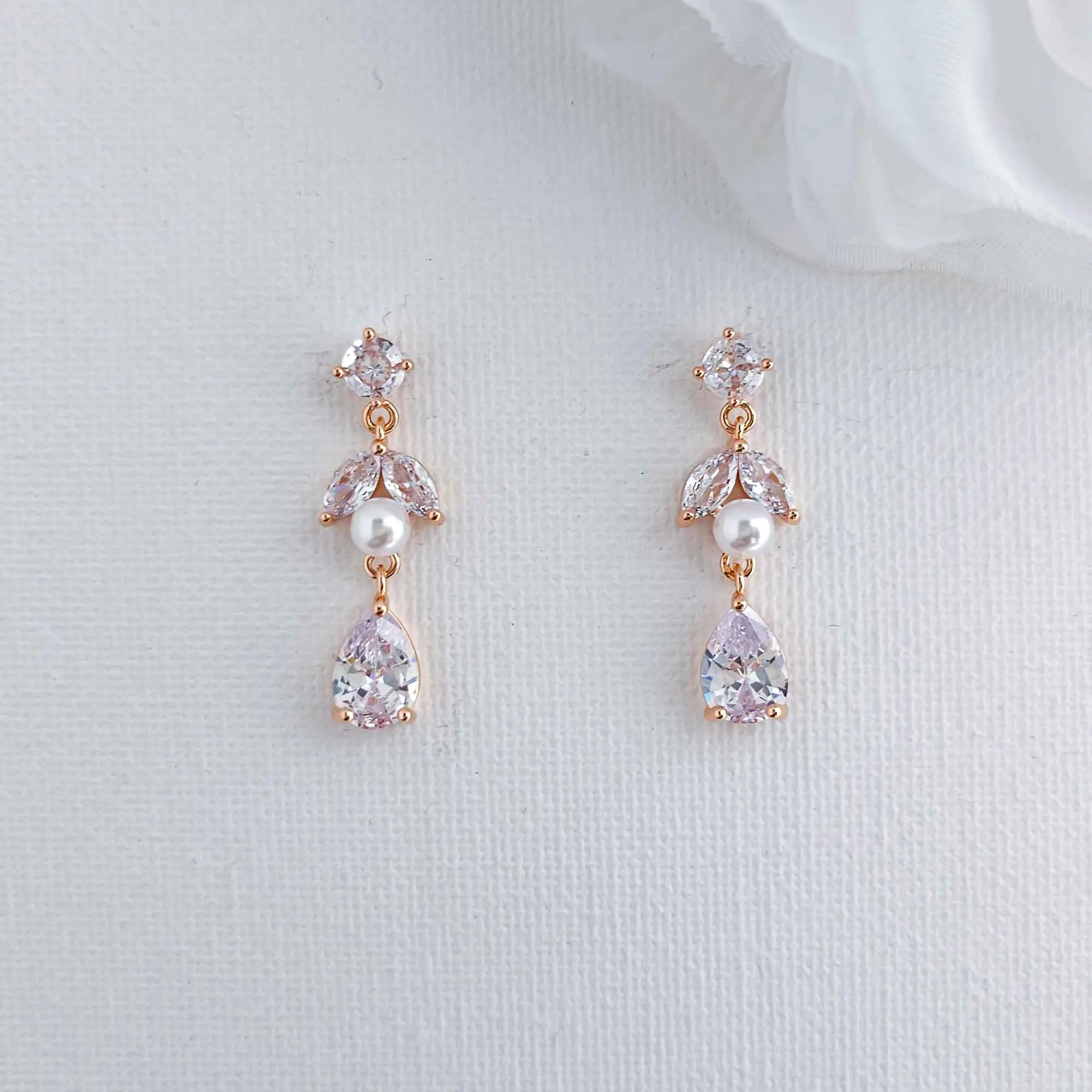 Bridal Pearl Set of Rose Gold with Pearl Necklace and Earrings-Jenna