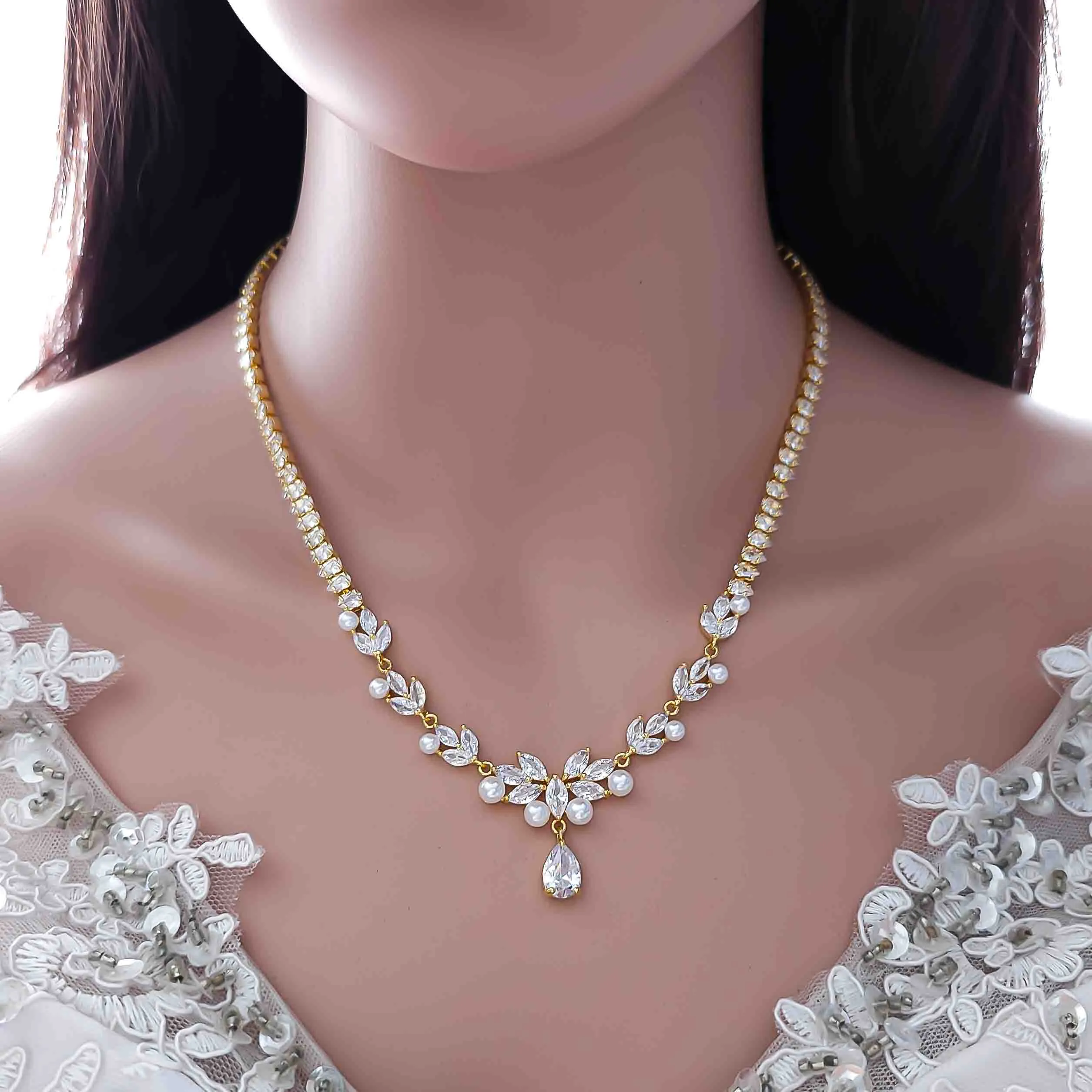 Bridal Pearl Set of Rose Gold with Pearl Necklace and Earrings-Jenna