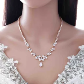 Bridal Pearl Set of Rose Gold with Pearl Necklace and Earrings-Jenna