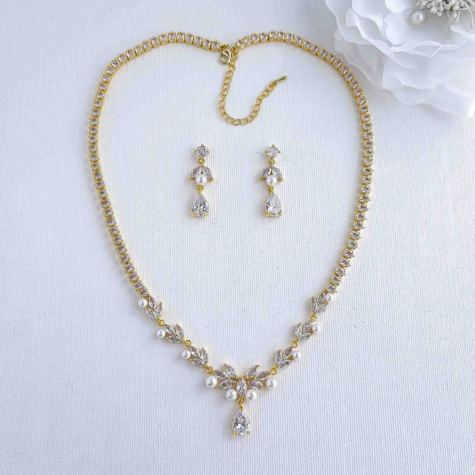 Bridal Pearl Set of Rose Gold with Pearl Necklace and Earrings-Jenna