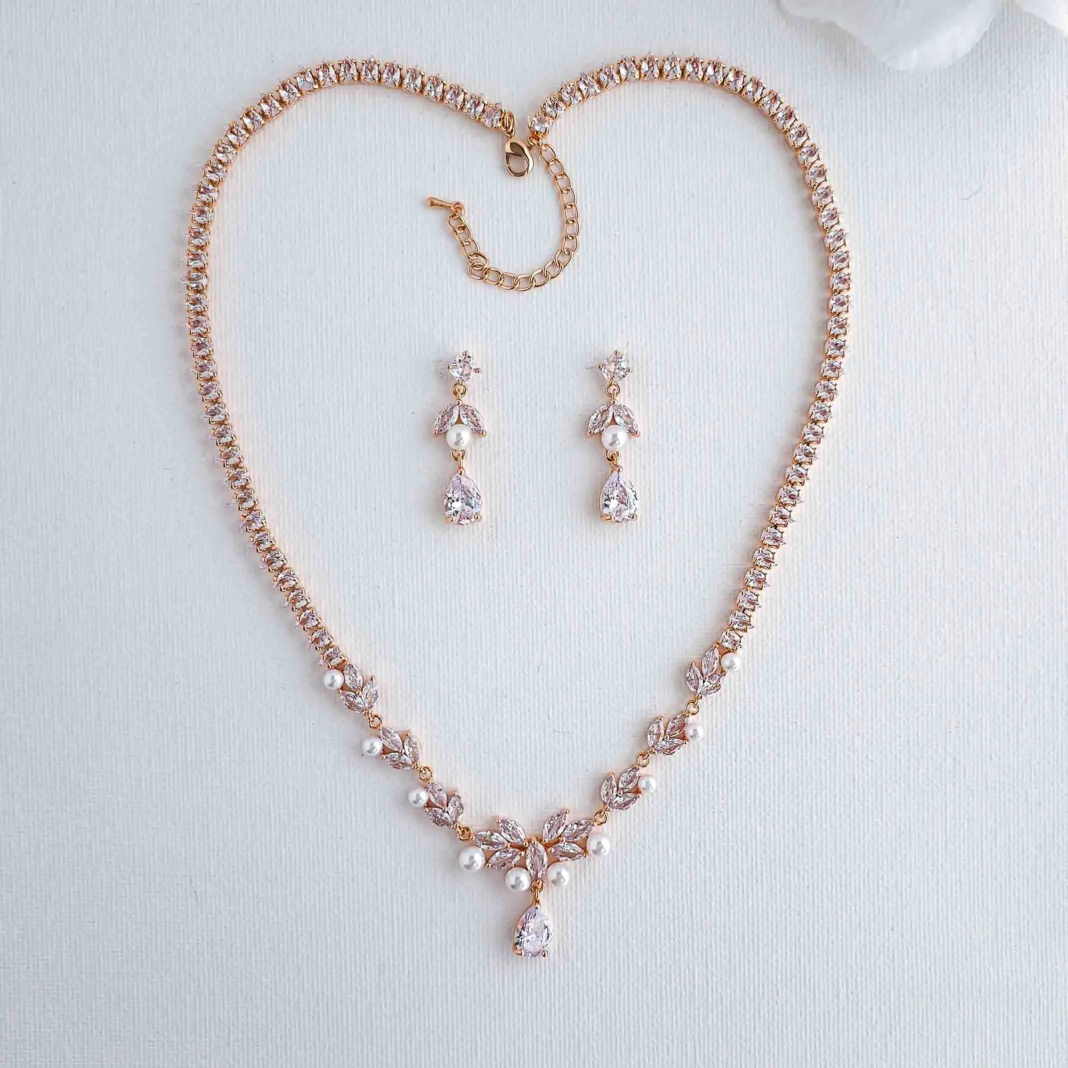 Bridal Pearl Set of Rose Gold with Pearl Necklace and Earrings-Jenna