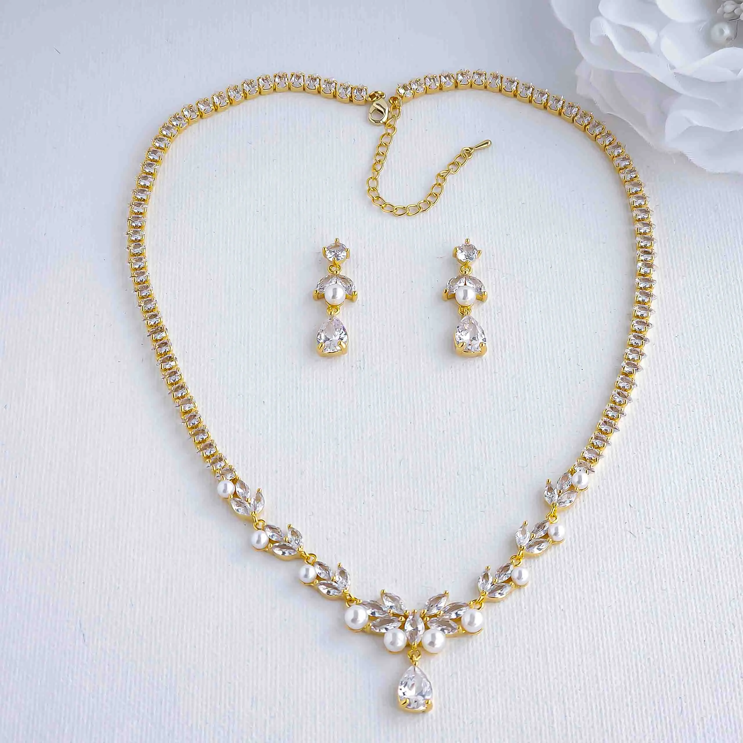 Bridal Pearl Set of Rose Gold with Pearl Necklace and Earrings-Jenna