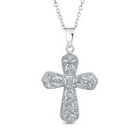 Bridal Vintage Style CZ Cross Pendant Necklace .925 Sterling Silver