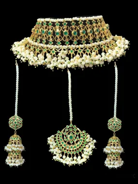 C15 Viya bridal choker set in emerald  and pearls  (SHIPS IN 4 WEEKS )