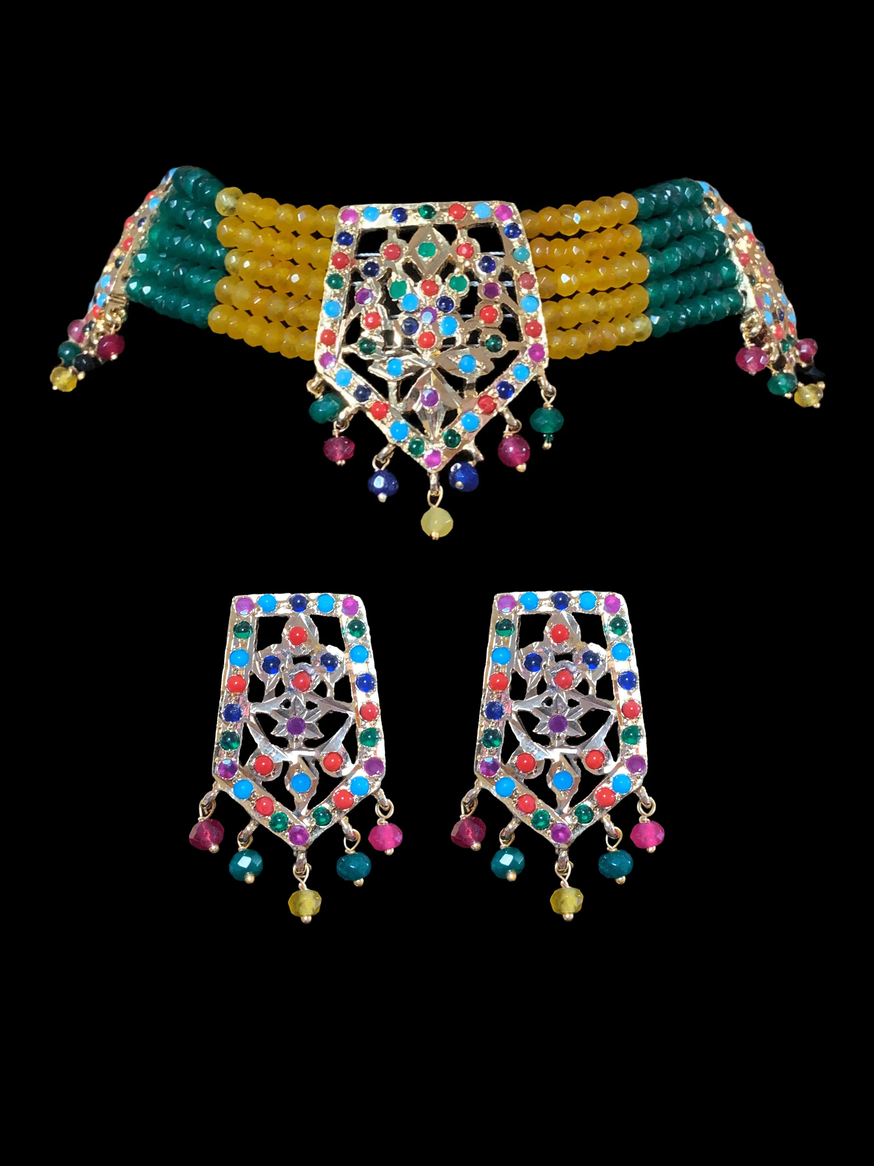 C88 Indu Hyderabadi Jadau choker with earrings In Navratan beads ( READY TO SHIP)