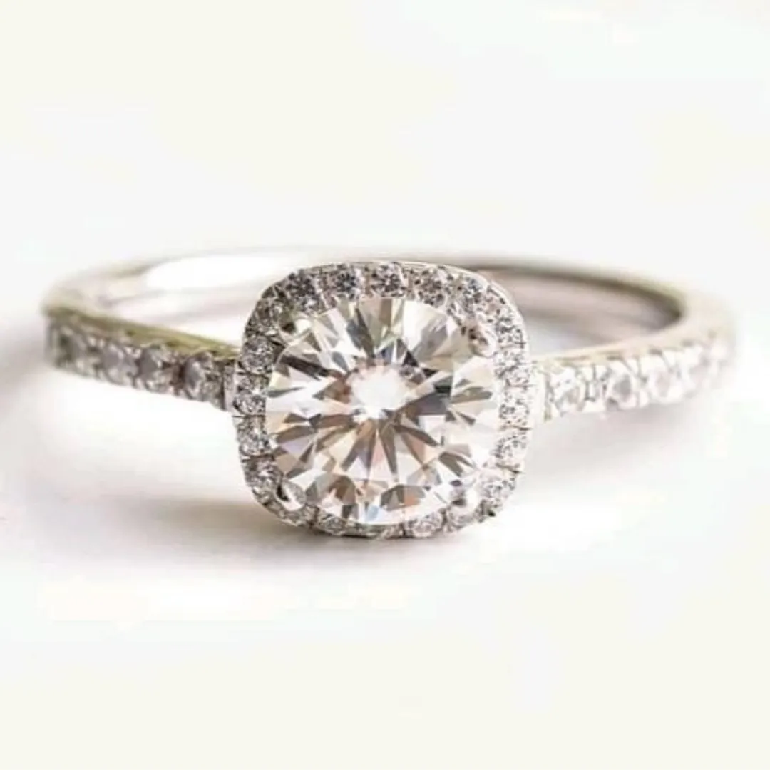 Classic 1 Carat Moissanite Engagement Ring. Cushion Halo Ring. High Quality Engagement Ring. Sterling Silver Promise Ring.