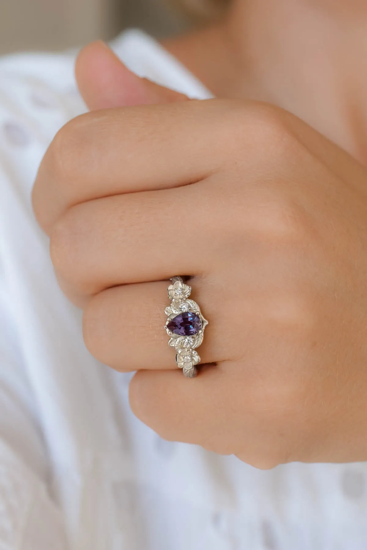 Colour changing alexandrite engagement ring, flower engagement ring / Adelina