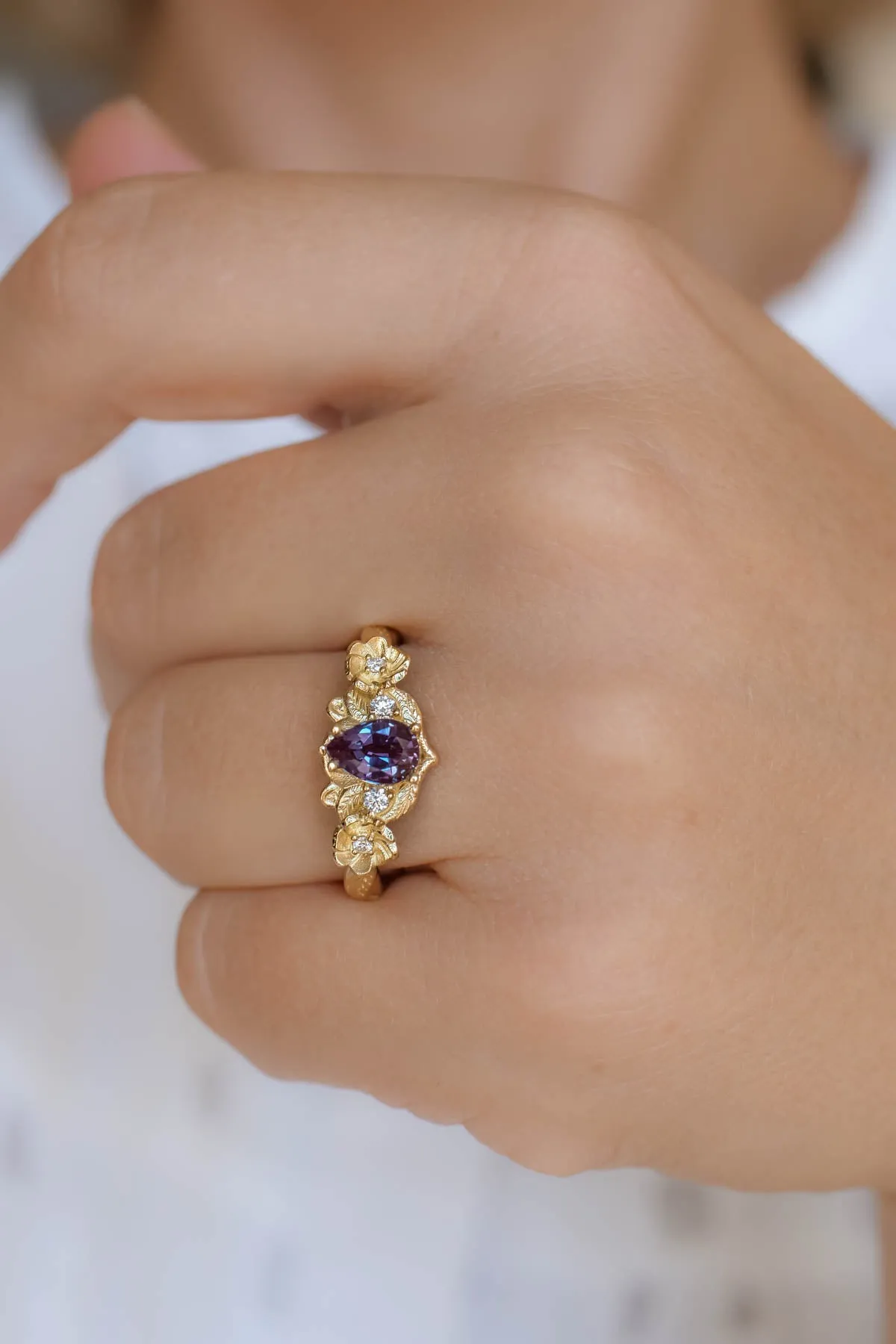 Colour changing alexandrite engagement ring, flower engagement ring / Adelina