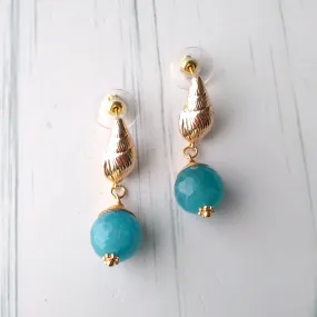 Conch Shell Brass Stud Earrings with Blue Chalcedony Dangles