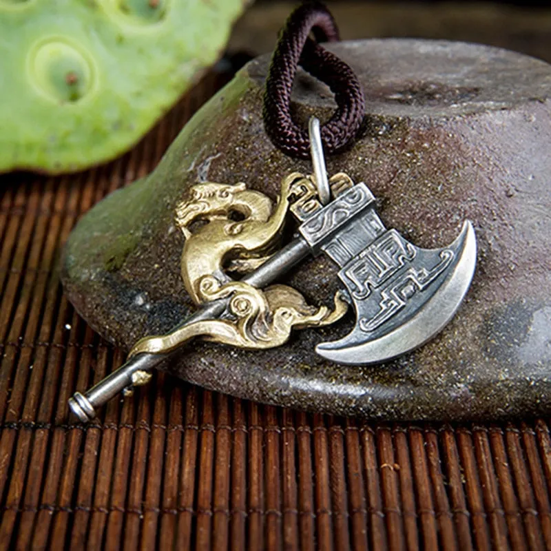 Crawling Dragon Axe 925 Sterling Silver Vintage Pendant