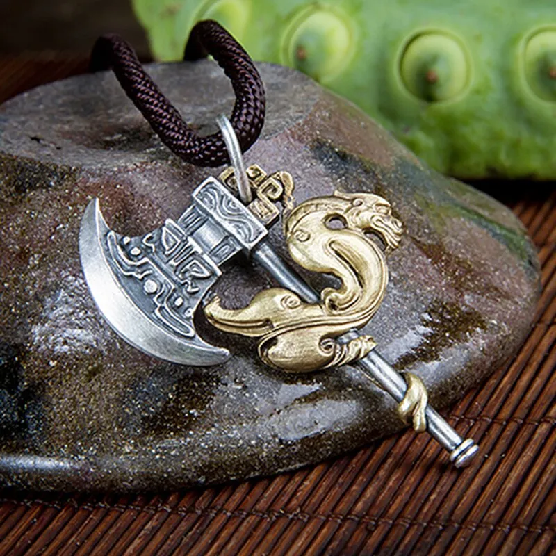 Crawling Dragon Axe 925 Sterling Silver Vintage Pendant