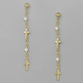 Cross & Pearl Station Dangle Earrings