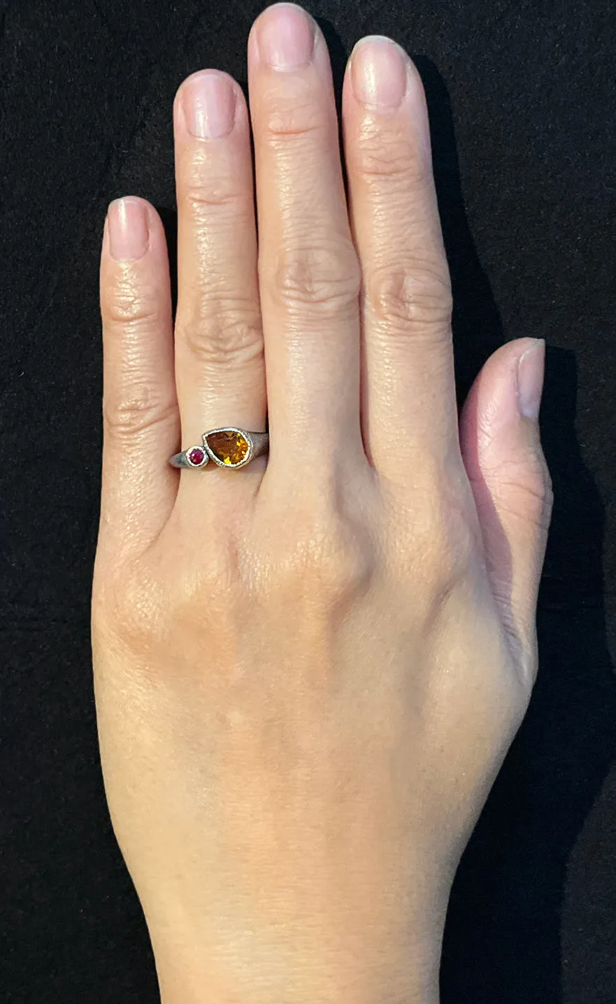 Custom Duo Signet Ring with Pear-Cut Topaz and Ruby