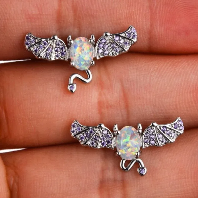 Cute Bat Oval Opal Stud Earrings