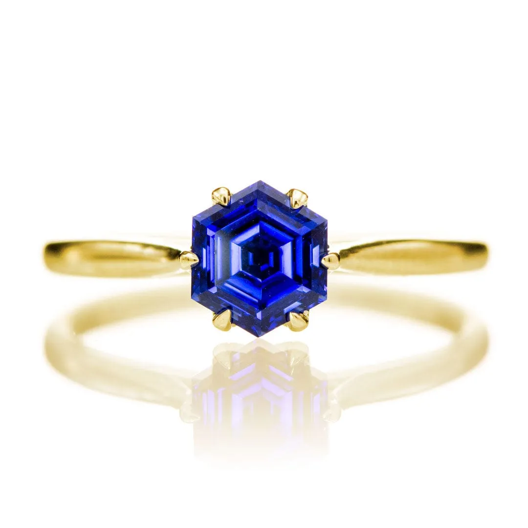 Dahlia Solitaire - Hexagon Blue Sapphire 6-Prong Solitaire Engagement Ring