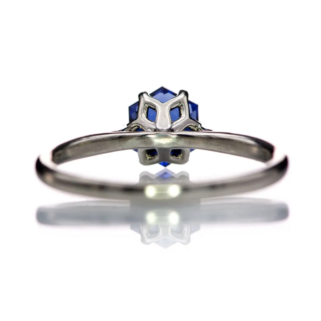 Dahlia Solitaire - Hexagon Blue Sapphire 6-Prong Solitaire Engagement Ring