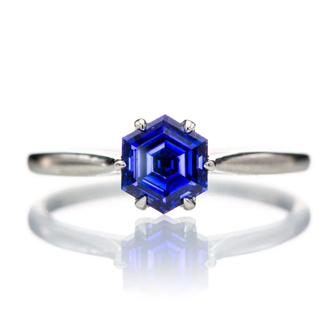 Dahlia Solitaire - Hexagon Blue Sapphire 6-Prong Solitaire Engagement Ring