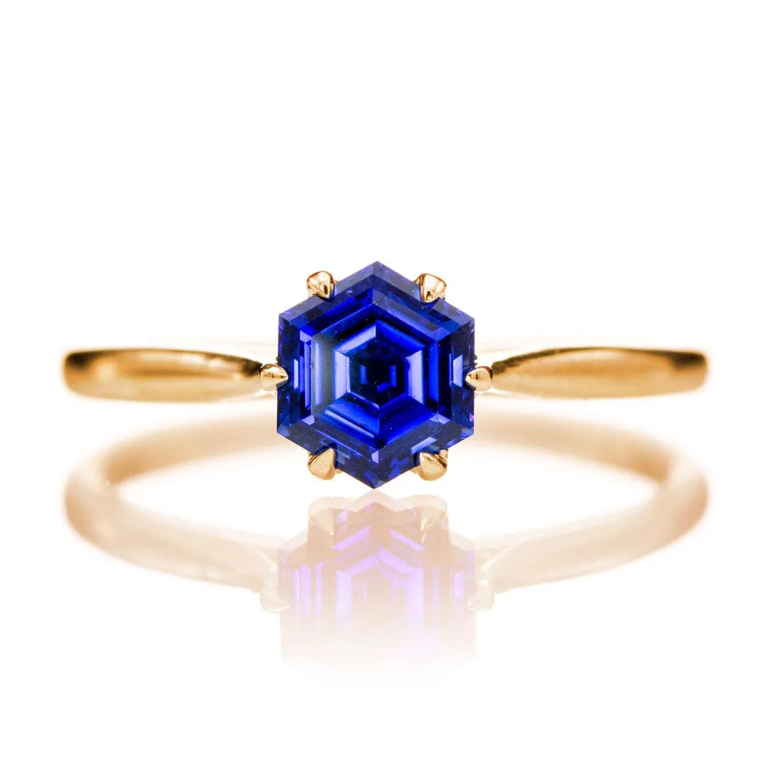 Dahlia Solitaire - Hexagon Blue Sapphire 6-Prong Solitaire Engagement Ring