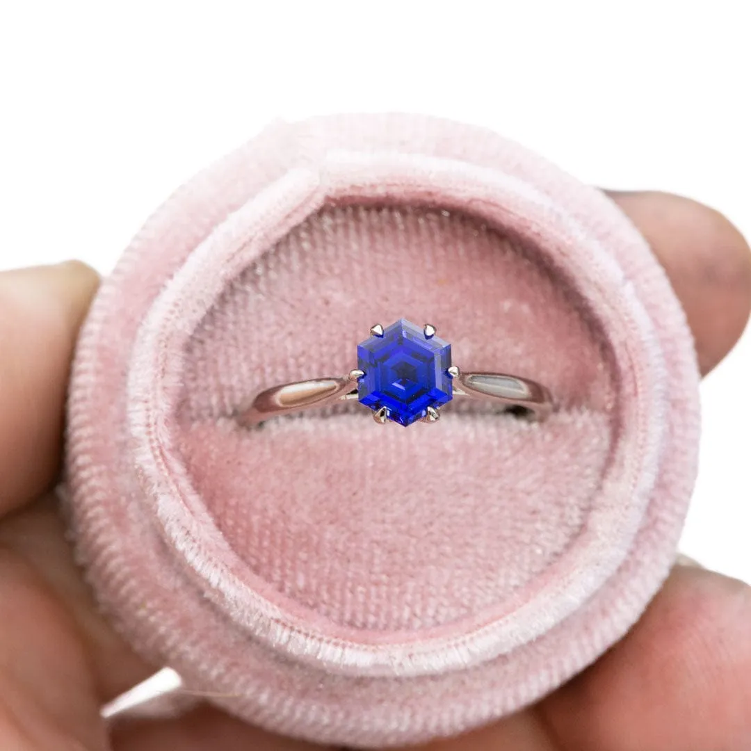 Dahlia Solitaire - Hexagon Blue Sapphire 6-Prong Solitaire Engagement Ring